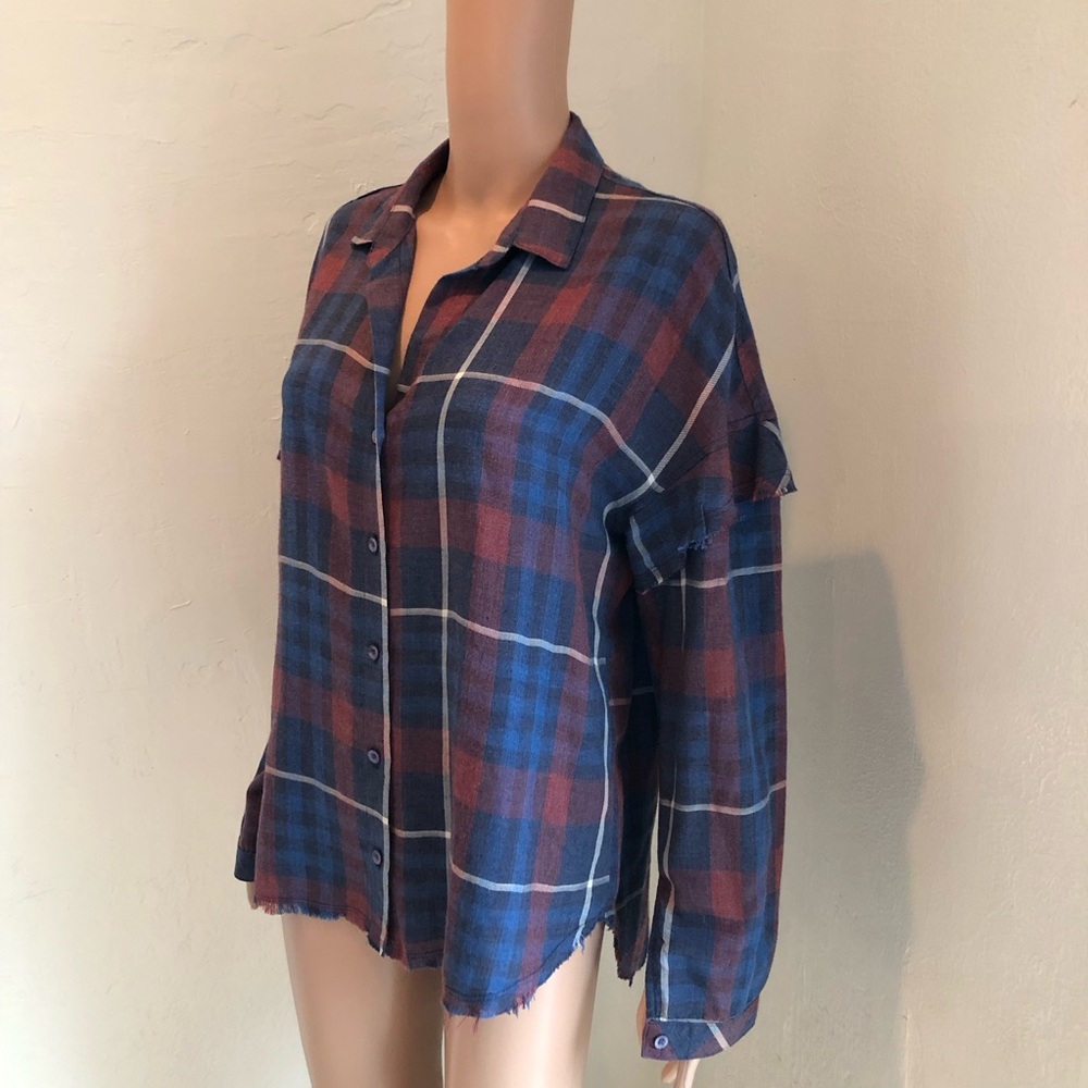 Bella Dahl Raffled Blue/Red Plaid Shirt Women’s Size M Long Sleeves Relaxed-Fit